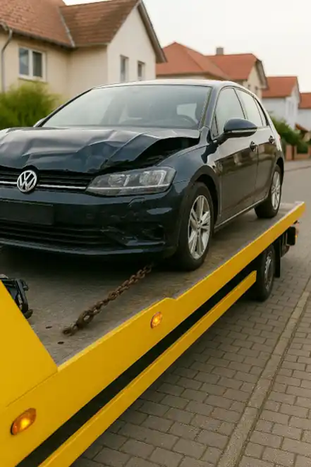 Ein defektes Fahrzeug wird professionell abgeschleppt, um es dem Autoankauf in Obertshausen zuzuführen.